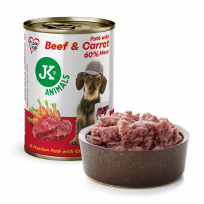 JK Premium Beef & Carrot, Paté with Chunks, 60 % Meat, hovädzie s mrkvou, prémiová konzerva pre psov, 400 g