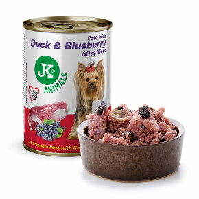 JK Premium Duck & Blueberry, Paté with Chunks, 60 % Meat, kačacie s čučoriedkami, prémiová konzerva pre psov, 400 g