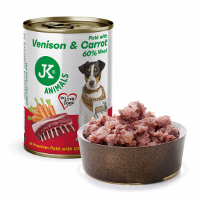 JK Premium Venison & Carrot, Paté with Chunks, 60 % Meat, divina s mrkvou, prémiová konzerva pre psov, 400 g