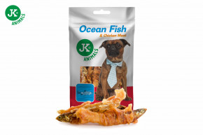 JK ANIMALS, Sušená morská ryba obalená kuracím mäsom, mäsová maškrta pre psov (Ocean Fish with Chicken Meat Snack), 80 g © copyright jk animals, všetky práva vyhradené