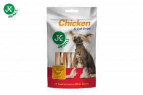 JK ANIMALS, Sušené kuracie prúžky s treskou, mäsová maškrta pre psov (Chicken & Cod Strips Meat Snack), 80 g © copyright jk animals, všetky práva vyhradené