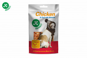 JK ANIMALS Sušené kuracie mäso s treskou a sezamom, mäsová maškrta pre psov (Chicken & Cod with Sesame Meat Snack), 80 g © copyright jk animals, všetky práva vyhradené