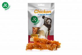 JK ANIMALS Sušené kuracie mäso s treskou a sezamom, mäsová maškrta pre psov (Chicken & Cod with Sesame Meat Snack), 80 g © copyright jk animals, všetky práva vyhradené