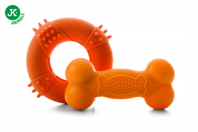JK ANIMALS, kruh s pichliačmi a pískacia kosť z TPR gumy, oranžová, veľmi odolná hračka © copyright jk animals, všetky práva vyhradené