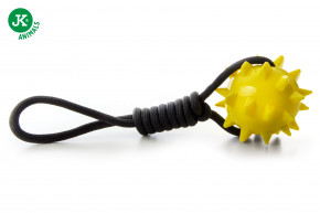 Preťahovadlo z nylonu s TPR loptou s bodlinami, pískacie, čierno-žlté, 39 cm © copyright jk animals, všetky práva vyhradené